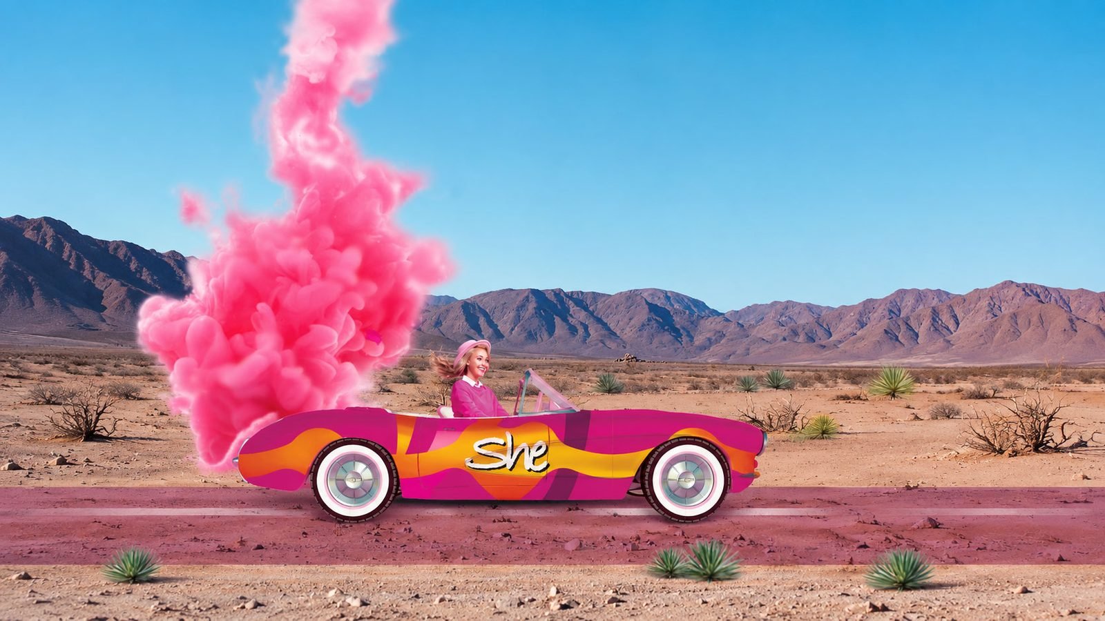 SHE brand campaign visual — a convertible trailing pink smoke across a desert highway